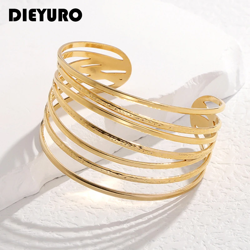 DIEYURO 316L Stainless Steel Geometric Lines Cuff Bracelet For Women Girl New Trend Adjustable Bangle Jewelry Gift Party Pulsera