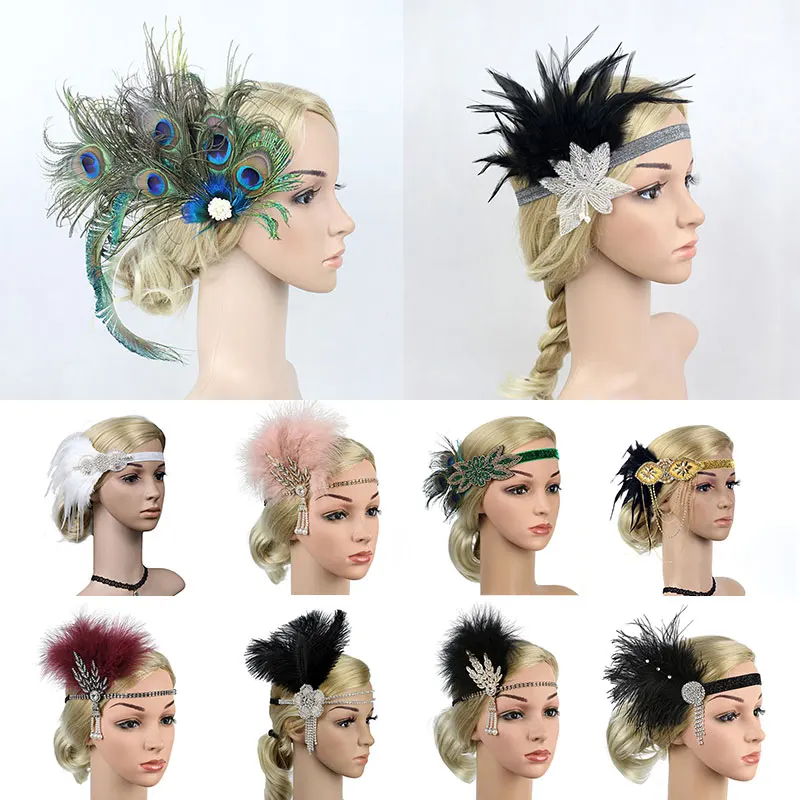 Vintage Woman Elastic Feather Headband Girls Black Rhinestone Sequin Party Headpiece Beaded Flapper Hair Feather Headband