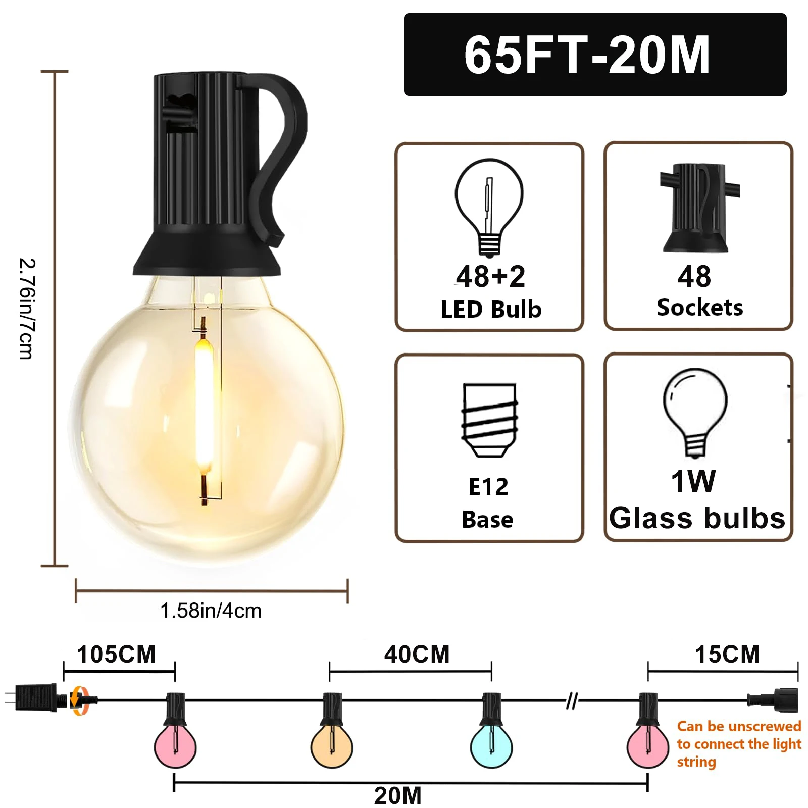 Imagem -02 - Luzes de Corda ao ar Livre com Led Multicolorido Rgb G40 Ip44 Impermeável Regulável Festa Decoração do Pátio Colorido Luz de Suspensão 20m 15m