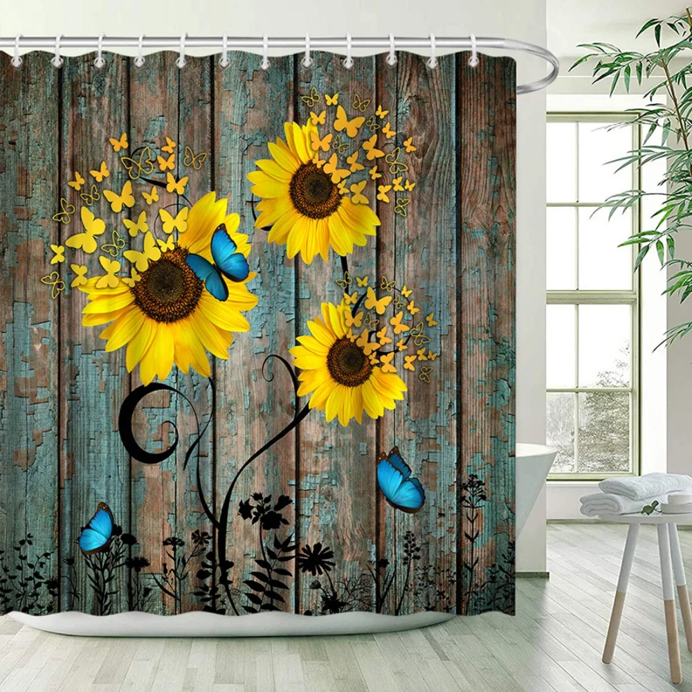 Rustic Daisy flower Shower Curtain Hooks Farmhouse Bath Curtain Set Spring Floral Retro Wooden Country Farm Bathroom Curtain