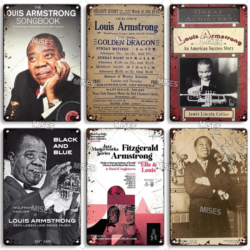 MISES Musician Louis Armstrong Metal Plaque Vintage Metal Poster Man Cave Home Metal Sign Poster Home Bar Studio Wall Decor Sign