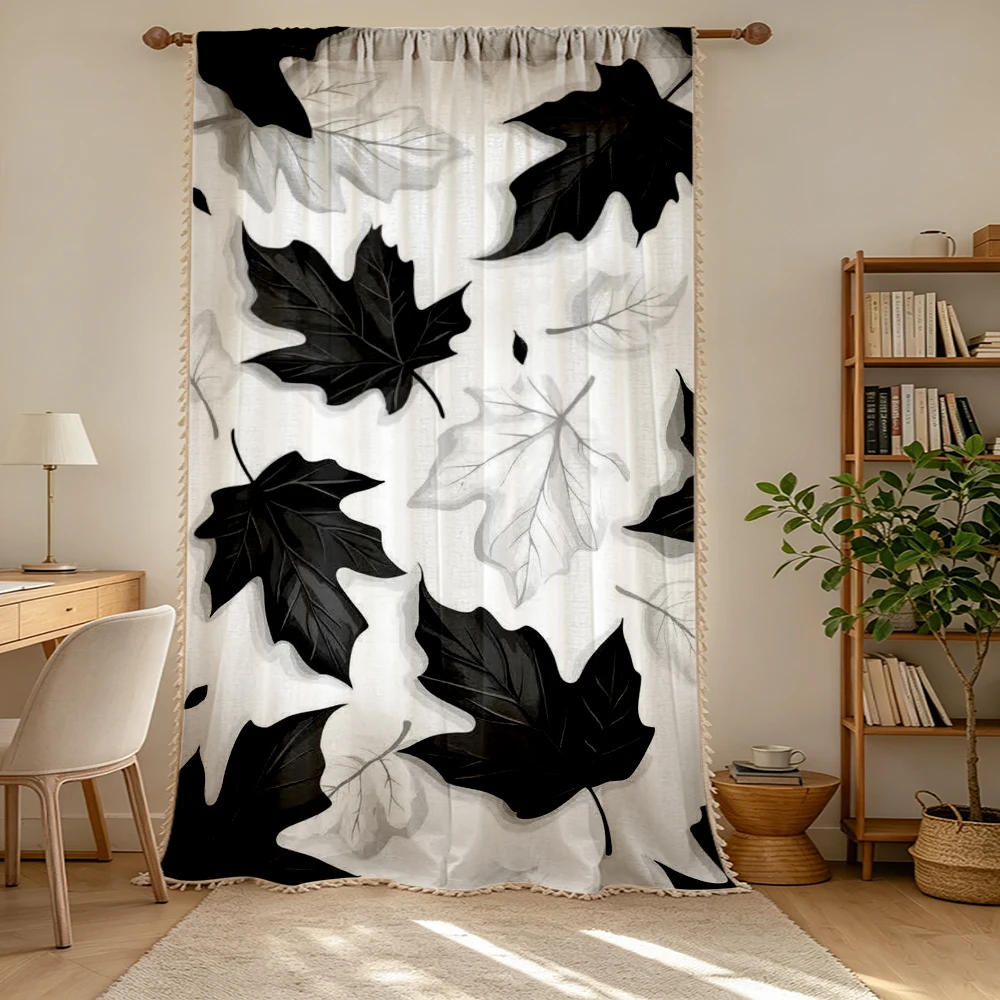 1PC Fall Tassel Sheer Curtains, Black White Maple Leaf, Digital Print, Linen Polyester, Bedroom Living Room, Home Decor