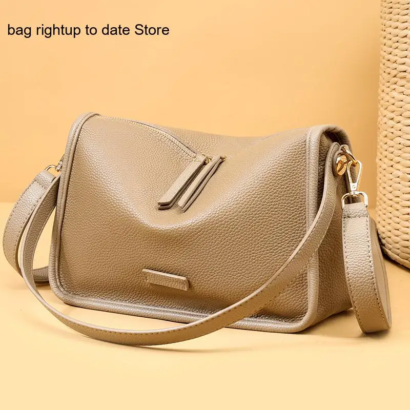Genuine Leather First Layer Cowhide Retro Simple Pure Color Large Capacity Shoulder Crossbody Bag for Women