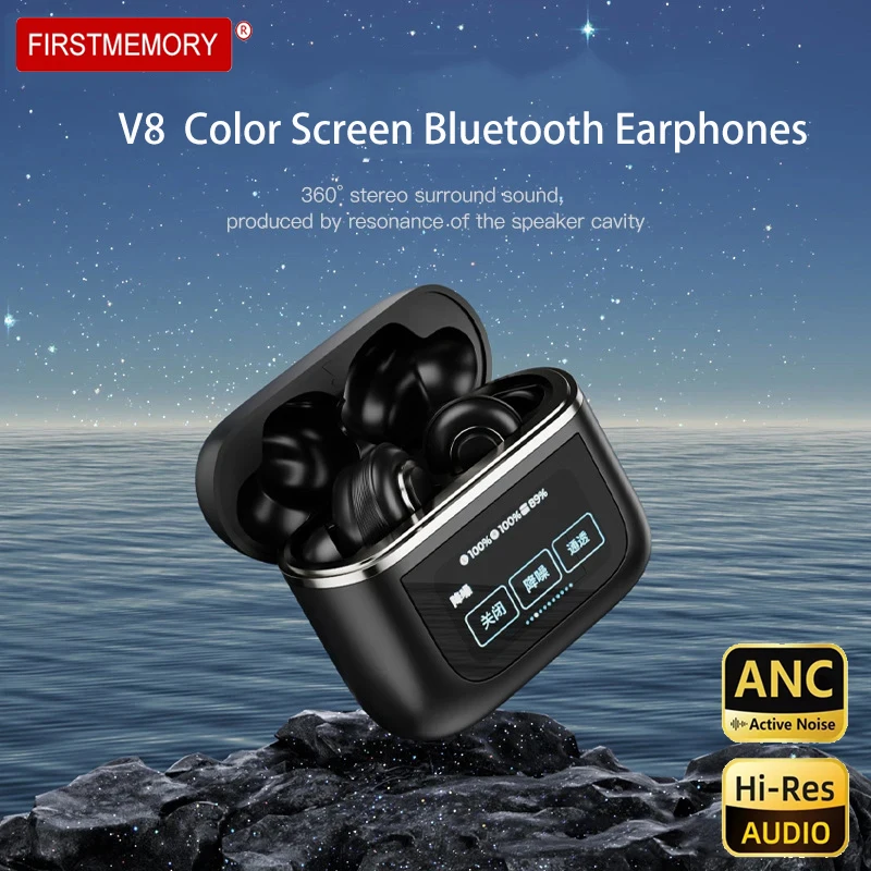 Chuyi V8 Full-color LCD Touch Screen Earphones 5.3 Bluetooth Hifi In Ear Active Noise Cancellation IPX4 Waterproof Sports Earbud