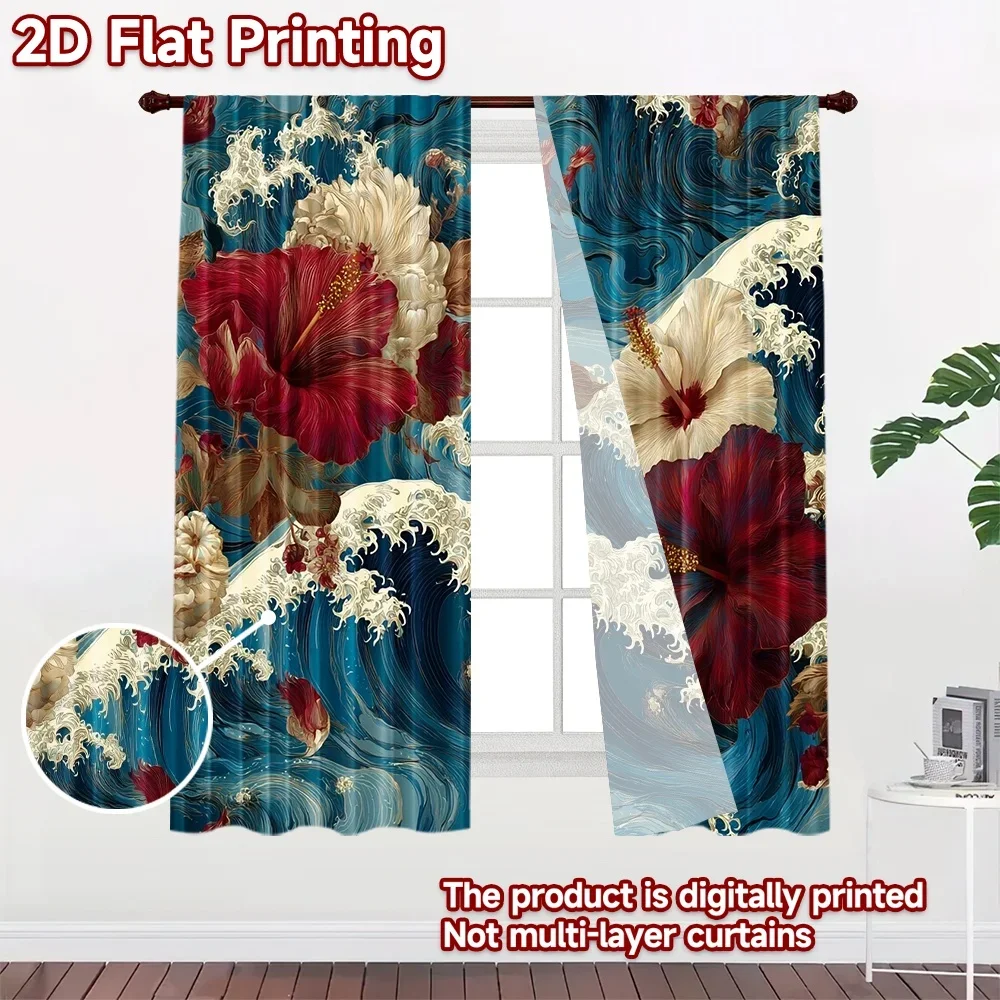 Modern Luxury Floral Peony Wave Print Curtains Waterproof Window Drapes Tropical Ocean Design Curtains for Living Room Bedroom H