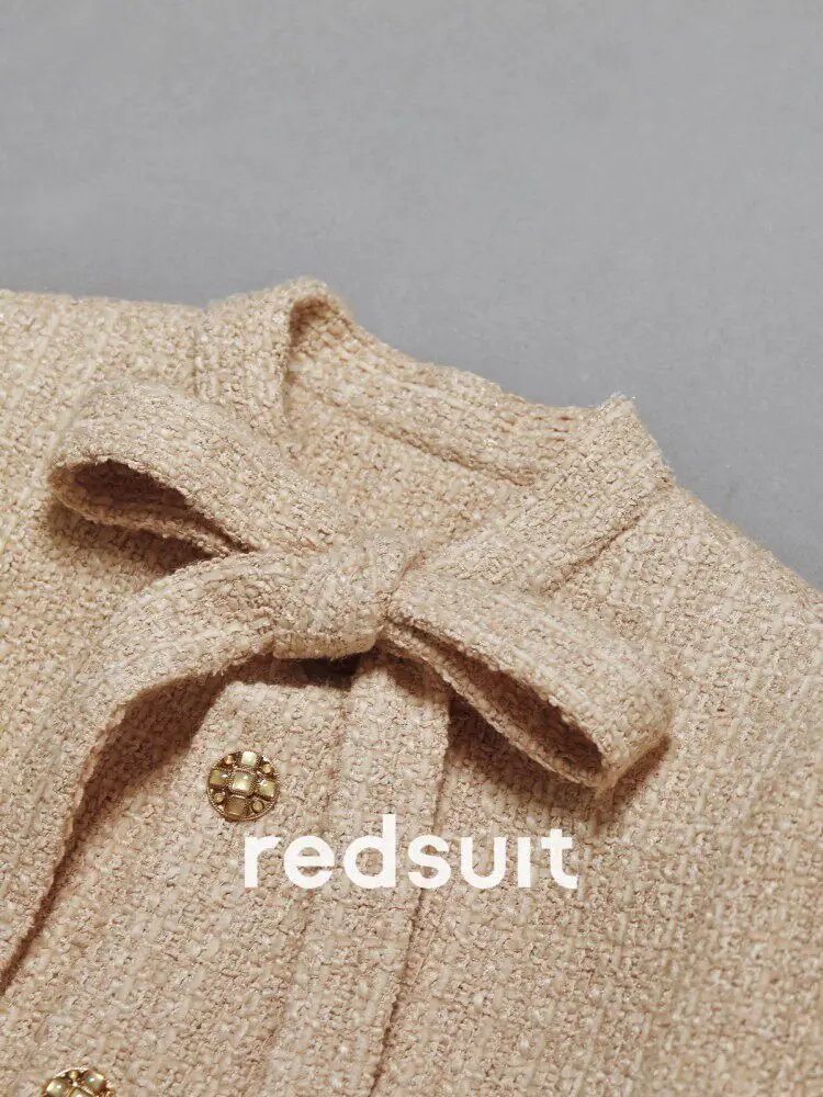 New Gentle khaki bow tweed coat top Custom size