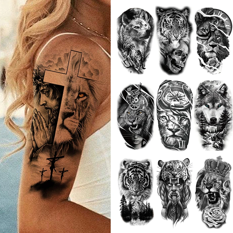 4Pcs Cool Temporary Tattoo Stickers Men Women Tiger Lion Wolf Forest Arm Tattoo Art Flash Black Fake Animal Body Tatoo Sticker