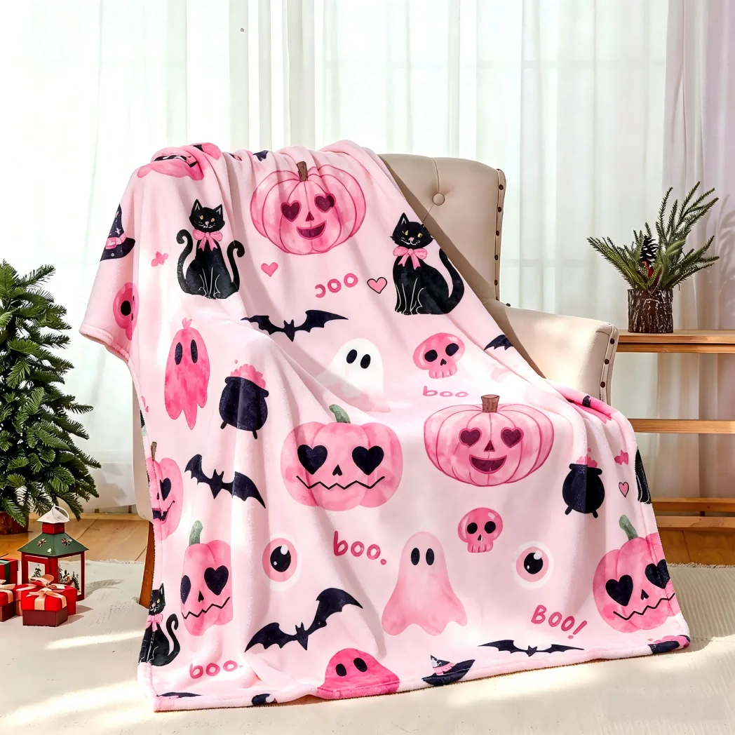 1pc Pink Pumpkin Ghost Blanket for Couch Soft Cozy Blankets Gift Halloween X-mas Flannel Blankets Festival Gifts Four Season Use