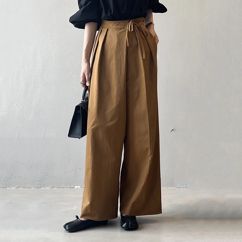Stilvolle, hochwertige OL-asymmetrische, schräge Hose, weites Bein, hohe Taille, gerades Bein, lässige Schnür-Verbandshose