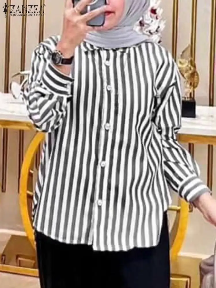 

Women Fashion Muslim Shirt ZANZEA Autumn Long Sleeve Striped Blouse Casual Lapel Neck Buttons Down Blusas Dubai Turkey Abaya Top