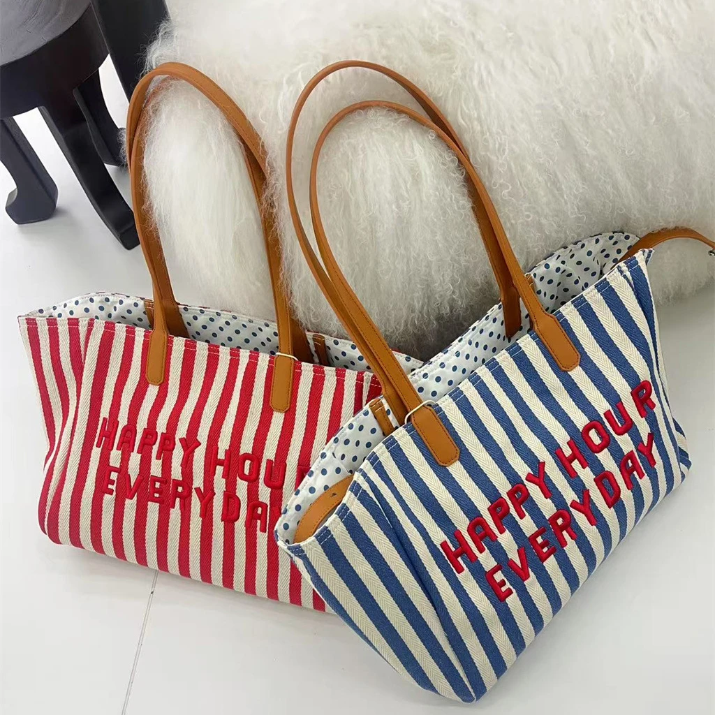 

Полосатая холщовая сумка, новинка 2025, нишевый дизайн, летняя сумка для покупок большой вместимости, модная женская сумка-тоут на одно плечо для ручной стирки
