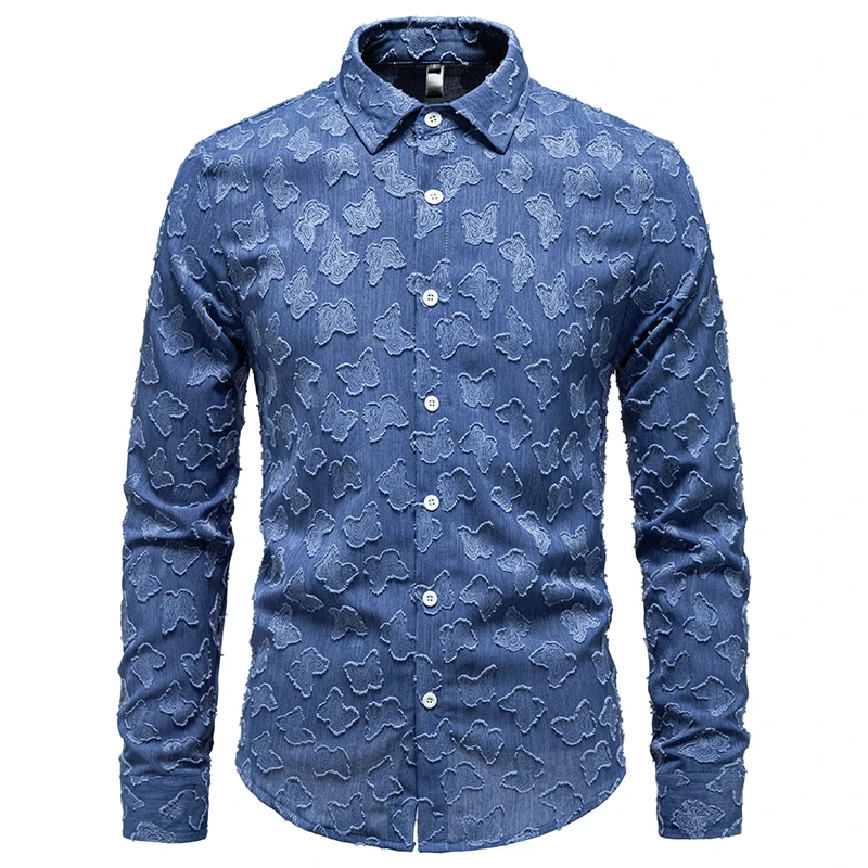 Men Long Sleeve Shirts Single Breasted Turndown Collar Butterfly Vintage Autumn Dress Shirts Male Chemise Hemd Homme Shirt S15