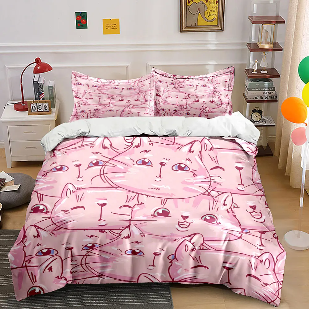Cute Pink Cat Illustrations Print Bedding Set 1 Duvet Cover 2 Pillowcases for Adult and Children Luxury Gift Full Size