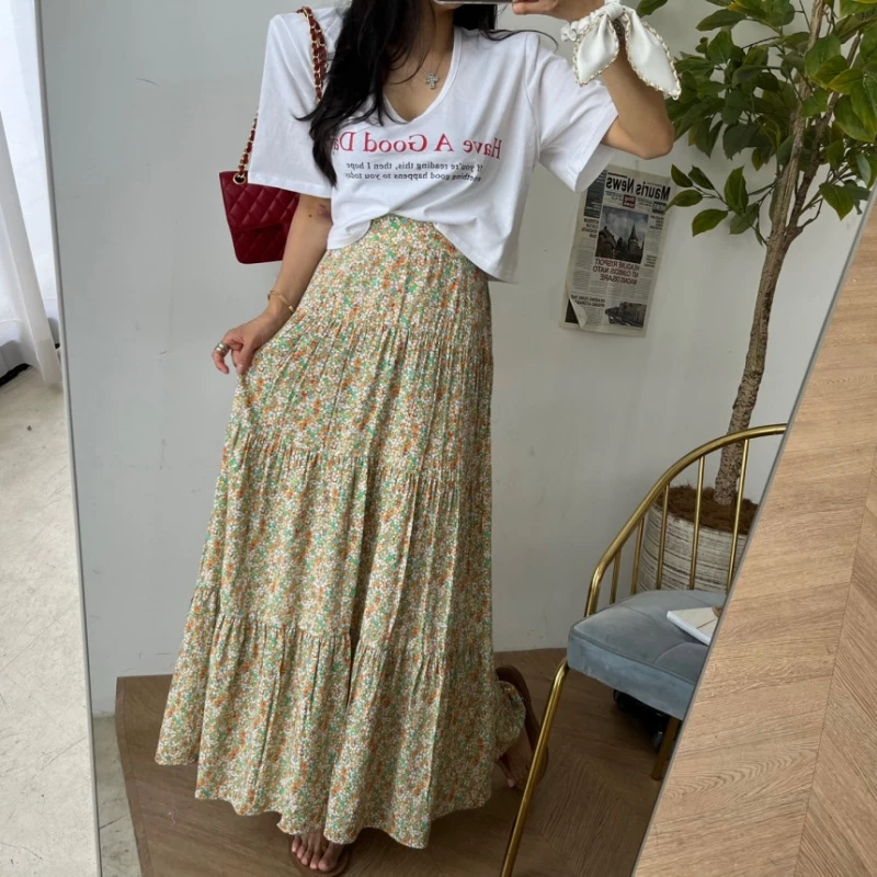 2023 Spring Summer Printed Floral Pleated Skirt Women Korean Style Casual High Waisted A-Line Long Skirts Maxi falda plisada