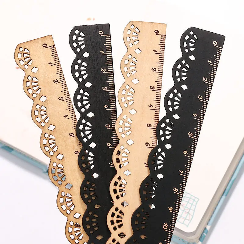 1 Pcs 15cm lace ruler wave small fresh cute sweet lace wooden ruler retro lace carving log ruler student stationery