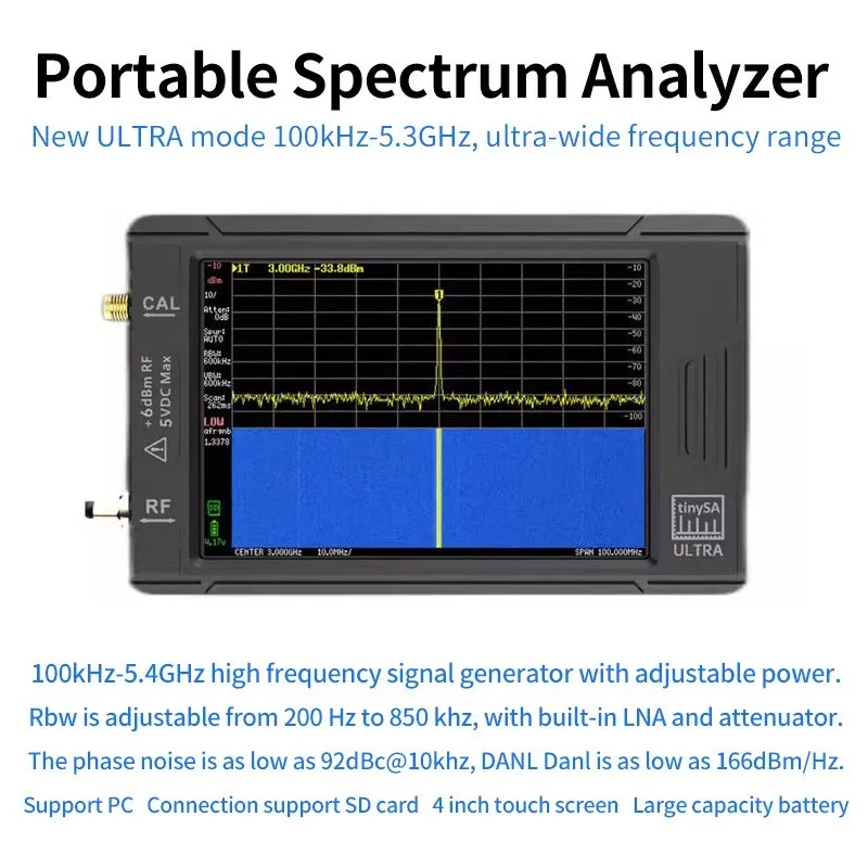 New tinySA ULTRA 100k-5.3GHz Hand Held Tiny Spectrum Analyzer with Battery + 4 inch  TFT Display with Battery