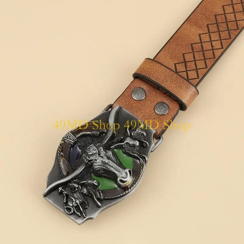 

49MD Мужской пояс в западном стиле с рельефным узором и пряжкой в ​​виде головы быка, универсальный пояс для платья, пояс для