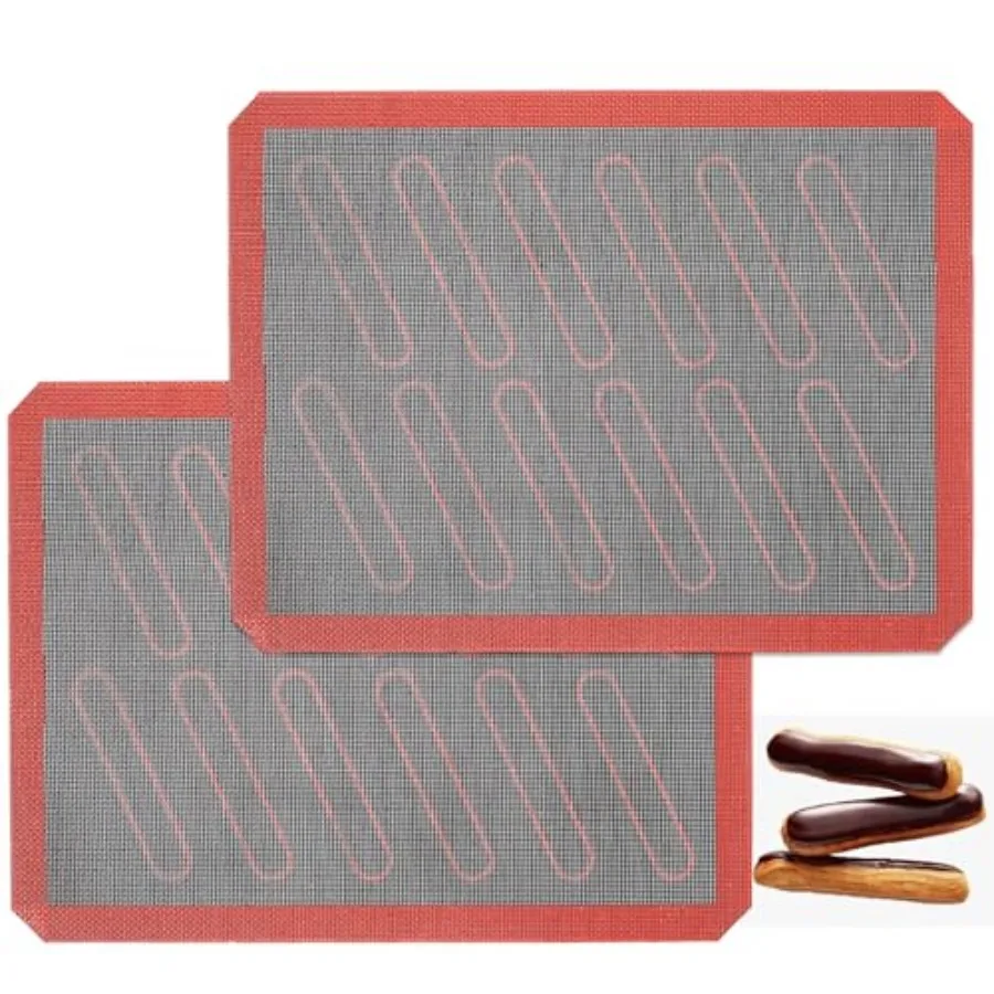 Perforated Silicone Baking Mats, 2 PCS Eclair Silicone Mat for Half Sheet with 12 Printed Oblong Eclair Guides, Non-Stick Reusa
