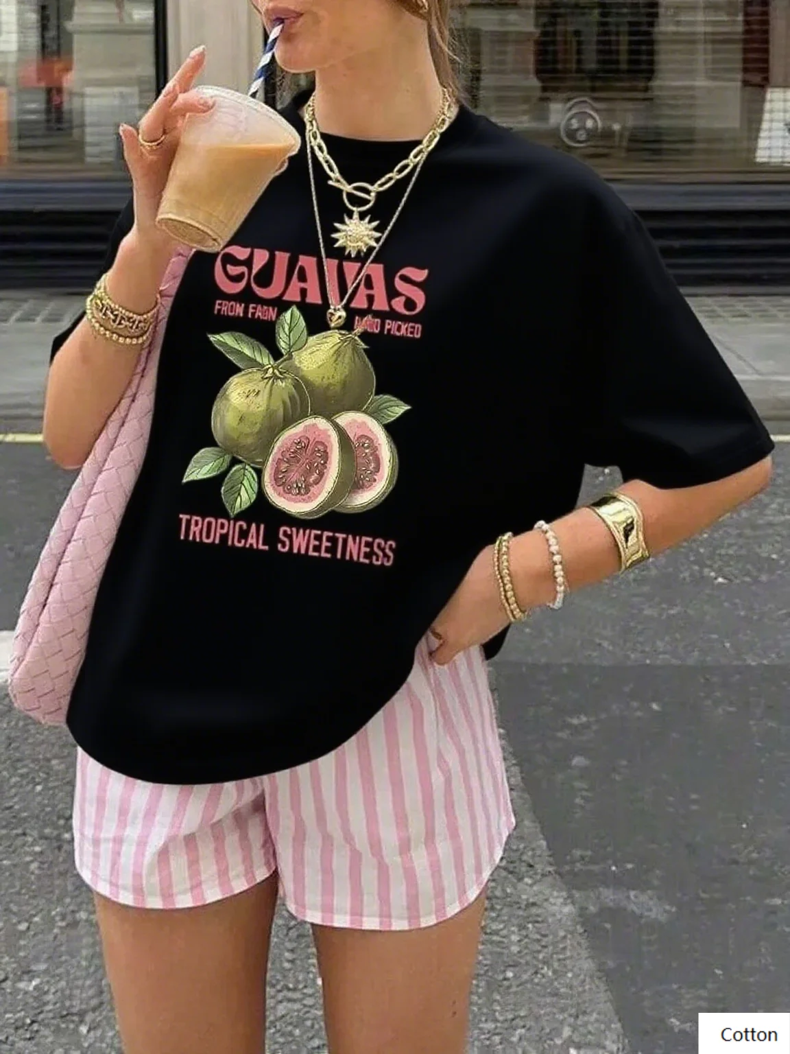 تي شيرت قطني عالي الجودة مع طباعة الجوافة وشعار استوائي يرفع أسلوبك أثناء التمتع بحلاوة الصيف المحملة S-4XL
