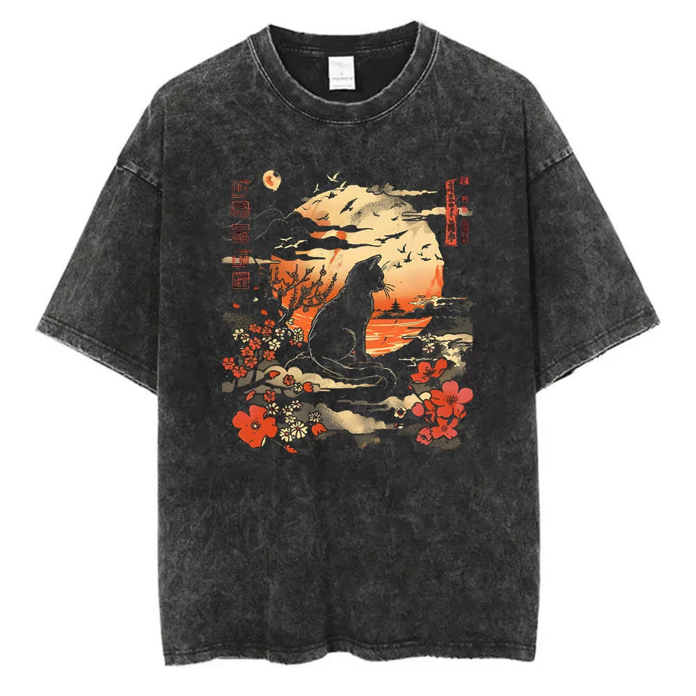 Vintage Japanese Style Black Cat T-Shirt Washed Cotton Ukiyo-e Sakura Graphic Tee Acid Wash Retro Harajuku Streetwear Loose Top