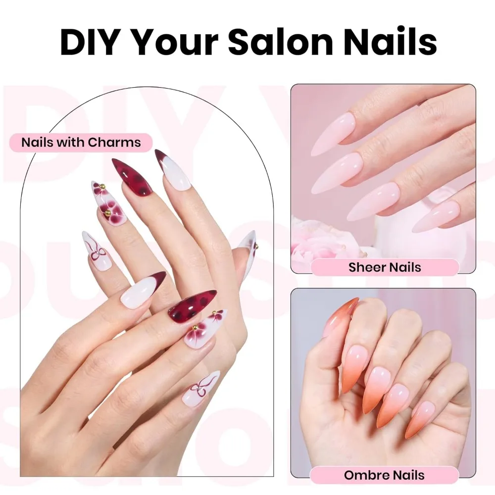 Kit de pointes d'ongles en acrylique moyen Stiletto avec colle, déshydrateur, apprêt, base et couche de finition, mini lampe UV en 16 tailles