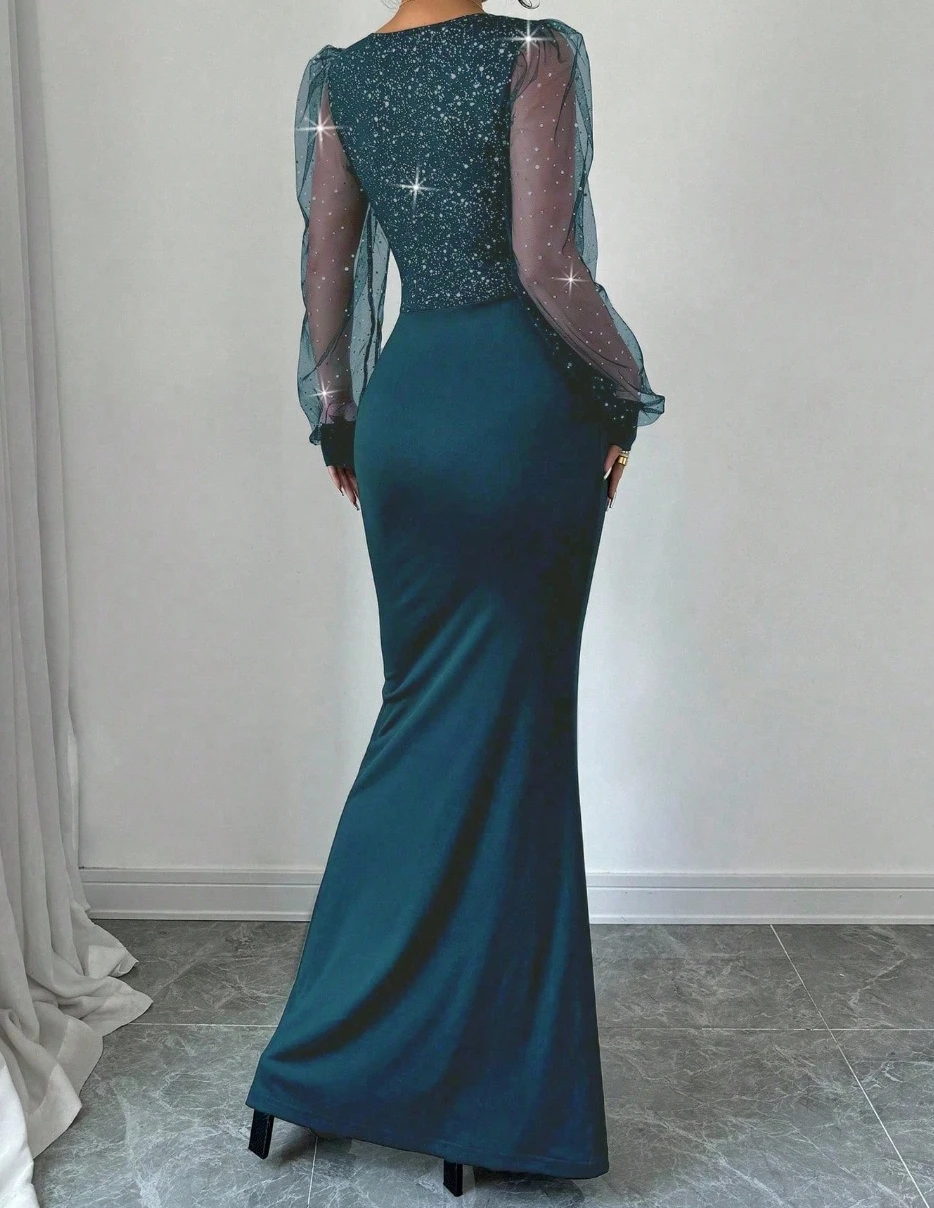 2026 春夏ニットドレス エレガント セクシー Vネック スリム スパンコール スプライシング 伸縮性ドレス ファッション スリット ロングドレス