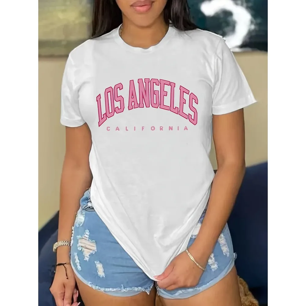 Camiseta con estampado de letras LOS ANGELES Y2K, Top de manga corta con cuello redondo para mujer, transpirable para ropa estética elegante de verano