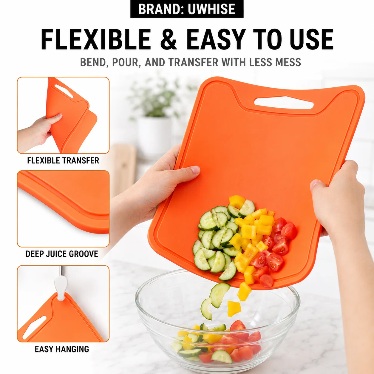 UWHISE Flexible Silicone Cutting Board With Deep Juice Groove Dishwasher Safe Chopping Mat For Kitchen Veggie Prep