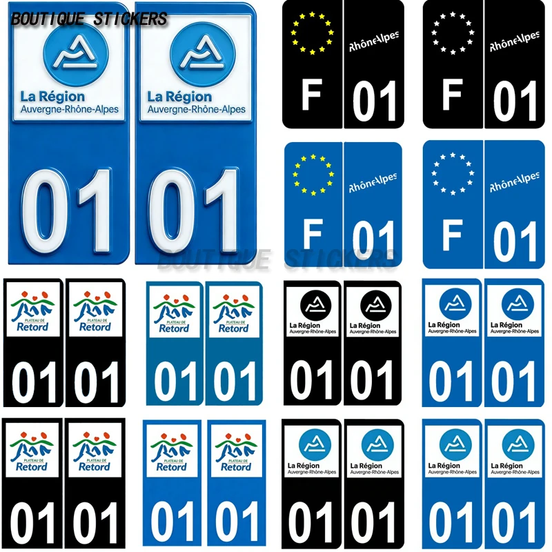 

2Pcs Stickers plaque d'immatriculation française fine noir bleu 01 Ain Auvergne-Rhôn F+01 Plateau de Retord logo PVC sticker