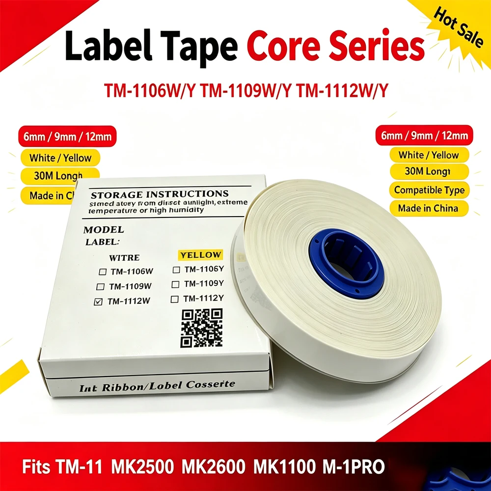 Label Tape Core 6mm 9mm 12mm White Yellow 30M Compatible For TM-11 MK2500 MK2600 MK1100 M-1PRO 11C Label Printer Ribbon Cassette
