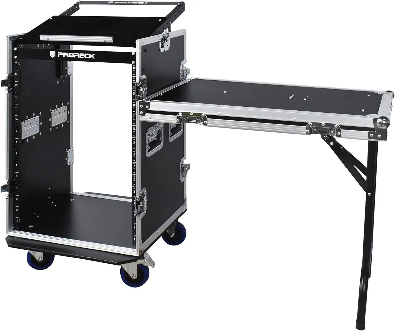 PRORECK 16U Rack/Road Case with Slant Mixer Top, One Side Table and Casters, 20'' Rackable Depth, Plywood, 16U Installation
