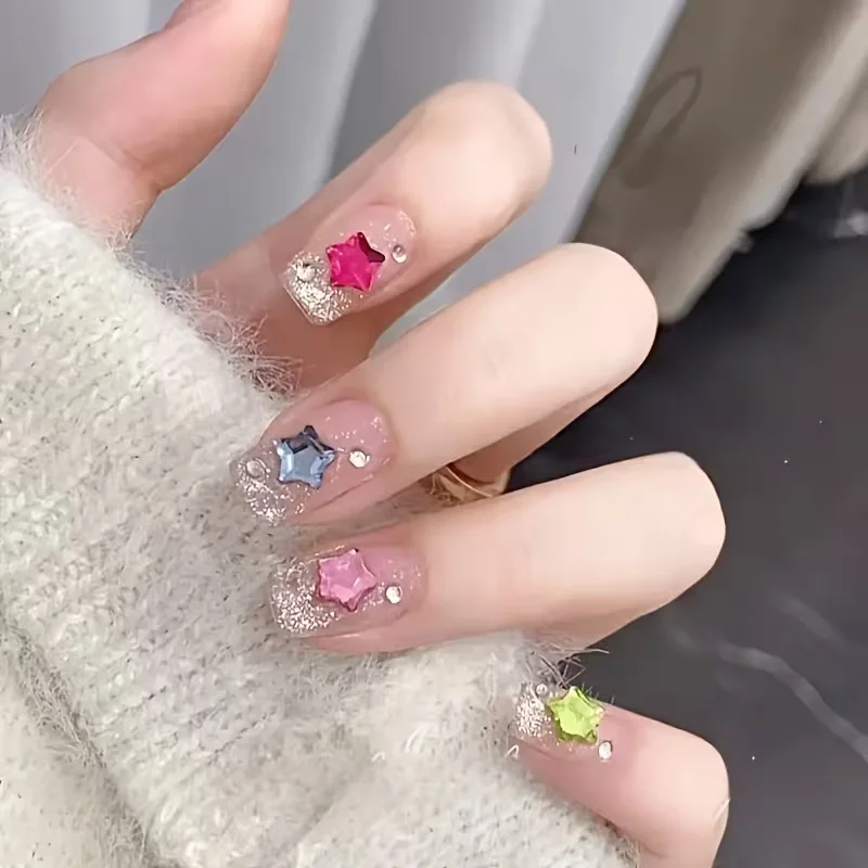 100 pieces of 3D colorful star flat-bottom nail art accessories, with mixed sizes of nail decoration items