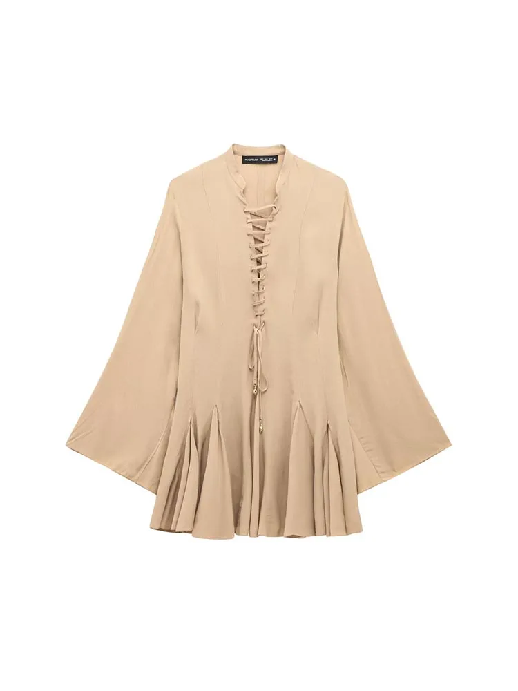 

Women Summer Mini Dress 2025 Fashion Solid O-Neck Long Sleeve Bandage Loose Female Elegant Street Dresses Clothing