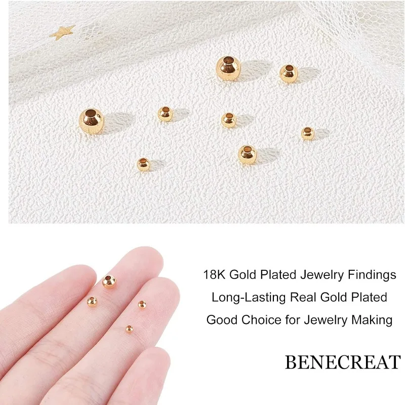 200Pcs 18K Gold Plated Brass Beads Round Spacer Beads with 4 Mixed Size(0.5-1.5mm Hole) for Necklaces Bracelets and Jewelry
