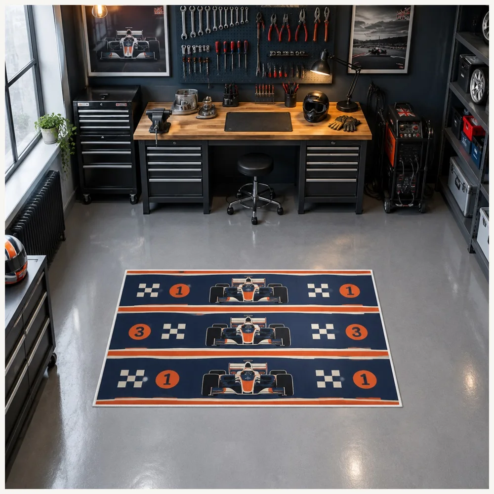 VIKAMA Racing Retro Navy Orange Formula Race Car Flannel Door Mat, Soft Flannel Non-Slip Mat, Garage Decor for Home, Entryway