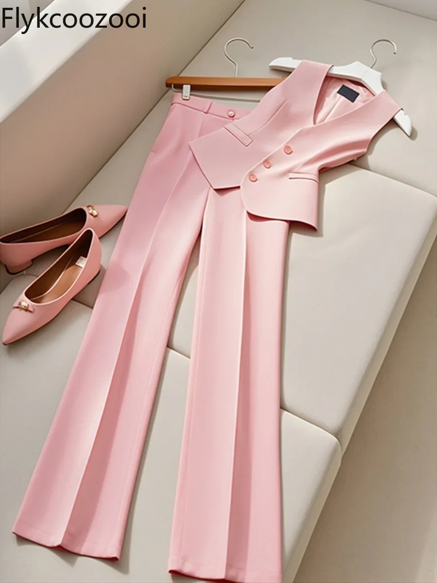 Advanced Sense of Elegant Pink Suit Vest Pants Two Pieces Fashion Sets Female Summer Ensemble Femme 2 Pièces Été