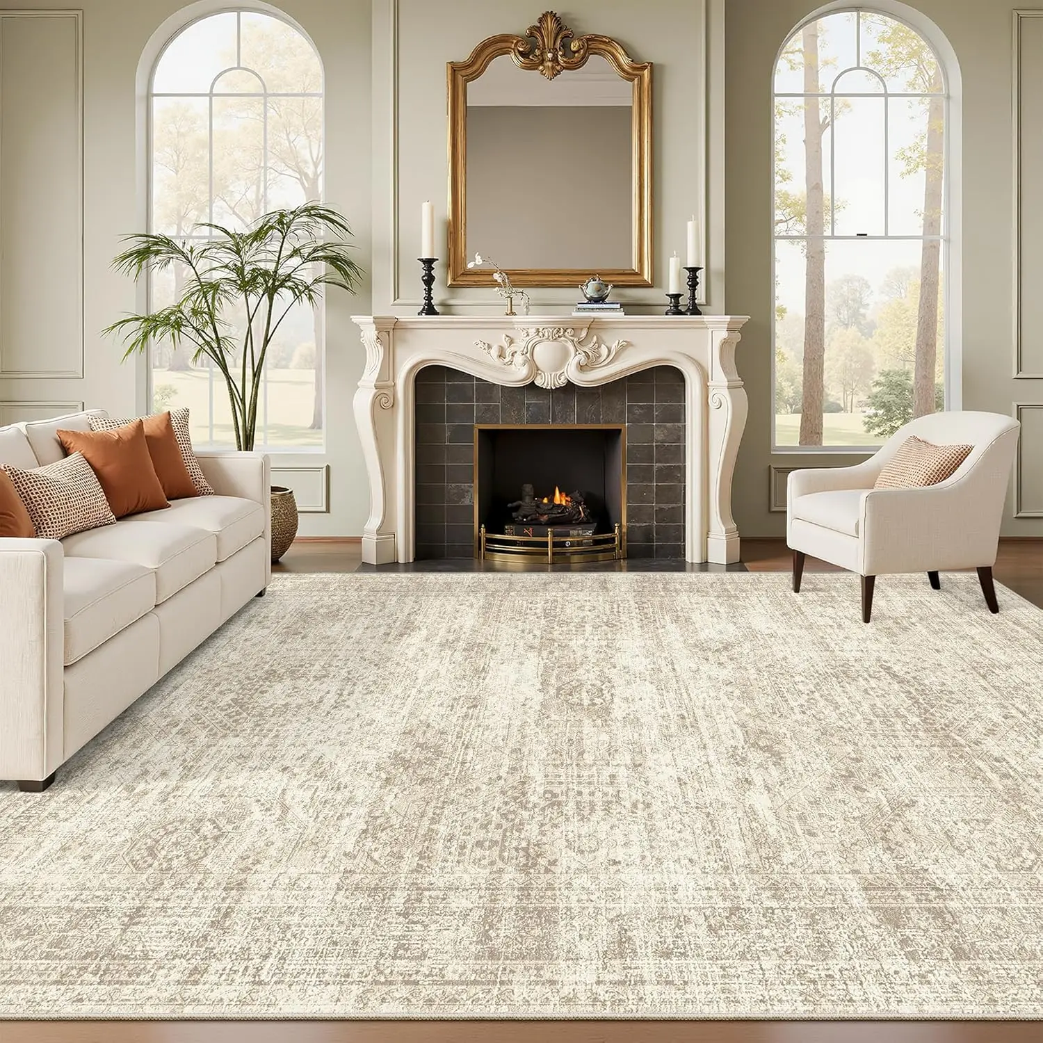

Washable Area Rug 8x10 Large Soft Rugs for Living Room Vintage Beige Carpet 8x10 Area Rugs for Bedroom Dining Room Non-Slip Sta