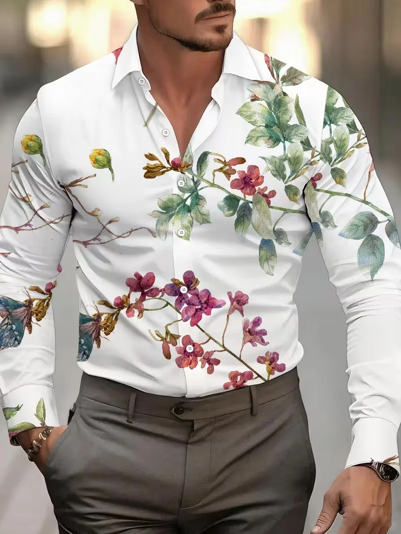 New Men's Long Sleeved Shirt 3D Butterfly Print Long Sleeved Luxurious Irregular Pattern Shirt Collar Top