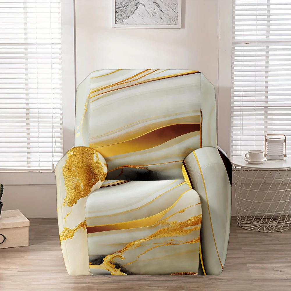 Cream White Gold Vein Marble Agate Recliner Slipcover Stretch Washable Luxury Glam Single Sofa Cover