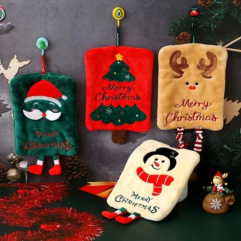 Merry Christmas hand towel, thickened coral fleece cartoon cute extended rope Christmas hand towel, water-absorbent quick-drying