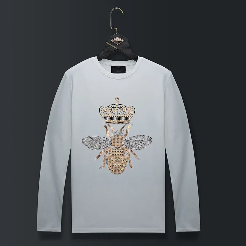 Plus Size Bee Crown Rhinestones T Shirts Men Tops Fashion Streetwear O Neck Long Sleeve Slim Modal Cotton Tshirts Mens Clothing