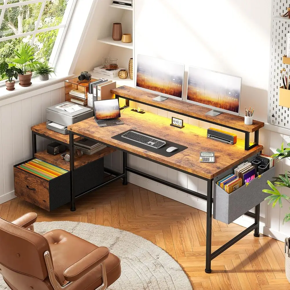 

Monitor Stand Computer Desk with LED Lights and Power Outlets, Gaming Desk with Drawers and Printer Shelf, 57W x 20D x 36H, Rust