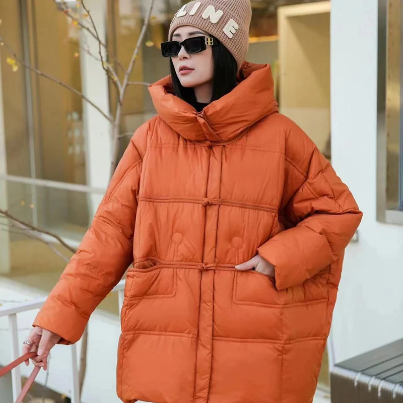 Schinteon Women Down Jacket Casual Over Size Autumn Winter Outwear with Hood Warm White Duck Down Vintage Coat 2024 New