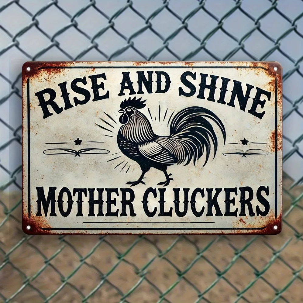 Rise and Shine Mother Cluckers" تصميم عتيق مضحك - فن جداري للمزرعة الريفية مع الديك وأشعة الشمس | متين داخلي #5