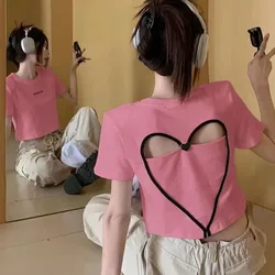 Summer Sweet Pink T Shirts Women Casual Designed Love Streetwear Fashion Hollow Out Tops Y2K Female Sexy Cropped Slim Tees 2023