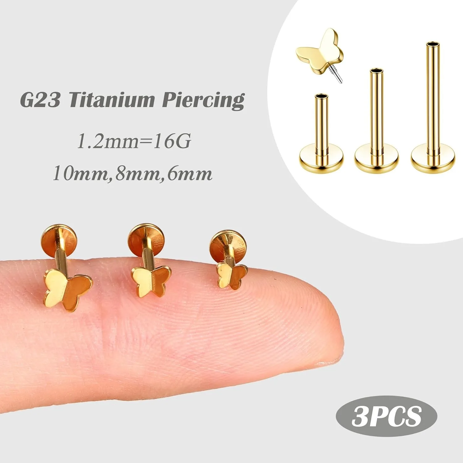 Bobisty 3PCS 16G Helix Piercing Jewellery G23 Titanium Cartilage Earrings Labret for Lip Nose CZ Heart Flat Back 3 Single Studs