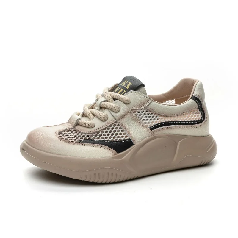 

2026 Women Thick Sole Air Mesh Shoes Summer Breathable Mixed Colors Genuine Leather Lightweight Platform Casual Sneakers