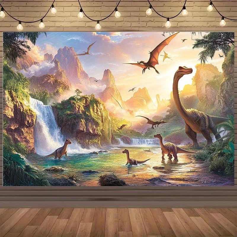 2D flacher 1-teiliger Polyester-Hintergrundstoff mit Dinosaurier-Schlüpfszene – lebendige Partydekoration mit Jurassic-Motiv