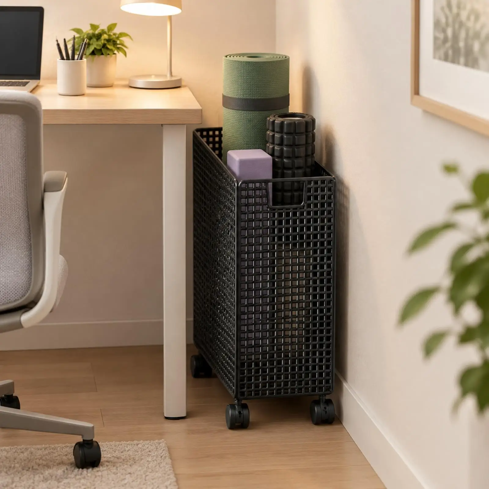 Space Saving Storage Basket on Wheels Iron Art Grid Crate for Gym Gear Daily Essentials Easy Move