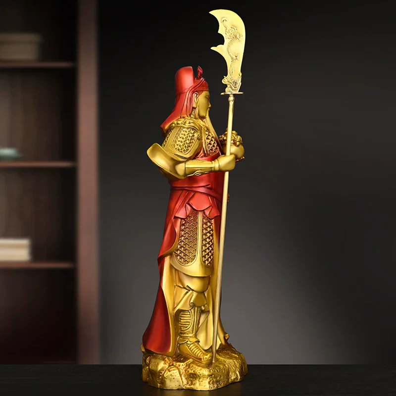 Guan Yu Military God of Wealth Statue， Brass Guandi Figurine Holding Treasure， Lord Guan Feng Shui Ornament for Home Living Room